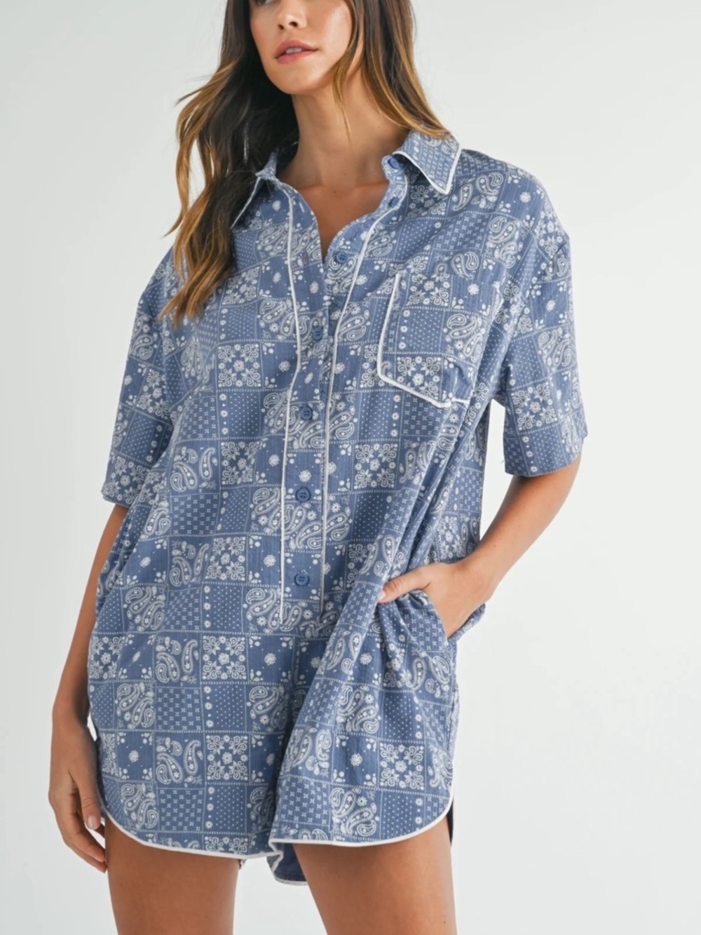 Mable chambray blue bandana paisley mini short loose relaxed romper